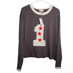 Sage + Fig top Women's Gray Long Sleeve Top with Red Star Accents